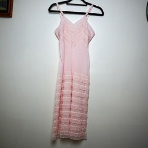 Vintage 60s Light Pink Tiered Lace & Chiffon Ruffled Slip Dress